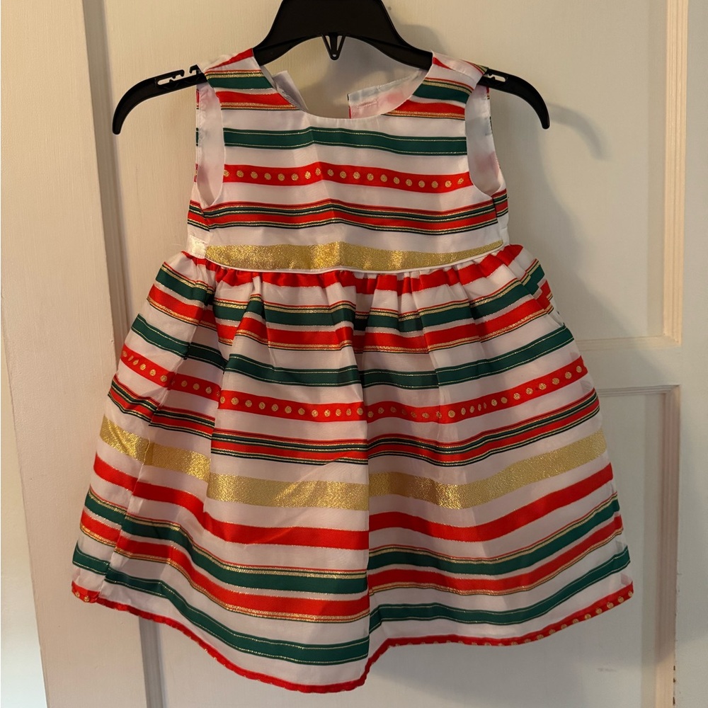 Blueberi Boulevard Girls Christmas Striped Dress in Green, Red, Gold
